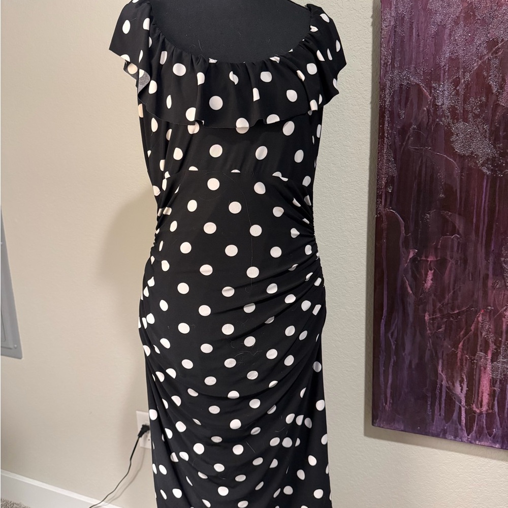 American Living Black & White Polka Dot Ruffle Neck Dress Size 10
